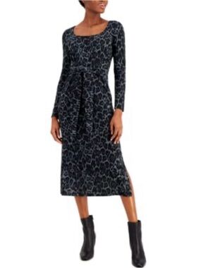 Nine West Black Floral-Print Long Sleeve Midi Dress